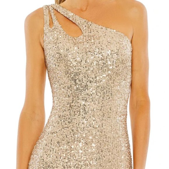 MAC DUGGAL 42029 SEQUINED STRAPPY ONE SHOULDER GOLD COLUMN GOWN sz 14 - Picture 3 of 5